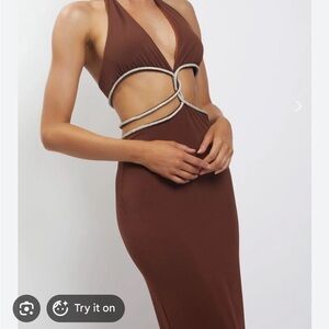 Meshki Nicha Diamante Cut Out Brown Halter Dress